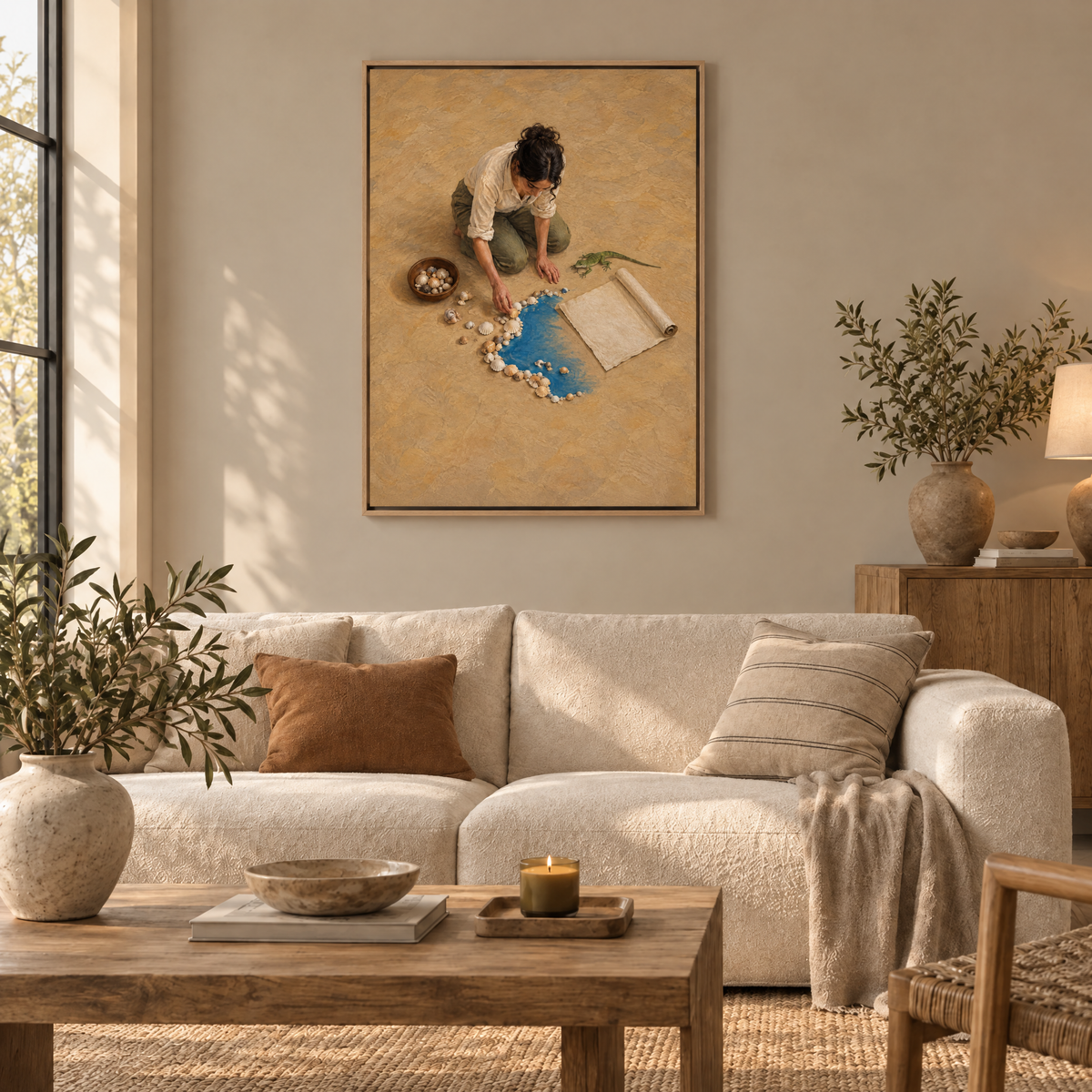 Die Kartografin der Muscheln – Leinwand im Naturholz-Schattenfugenrahmen im Wohnzimmer, ohne Weißrand.