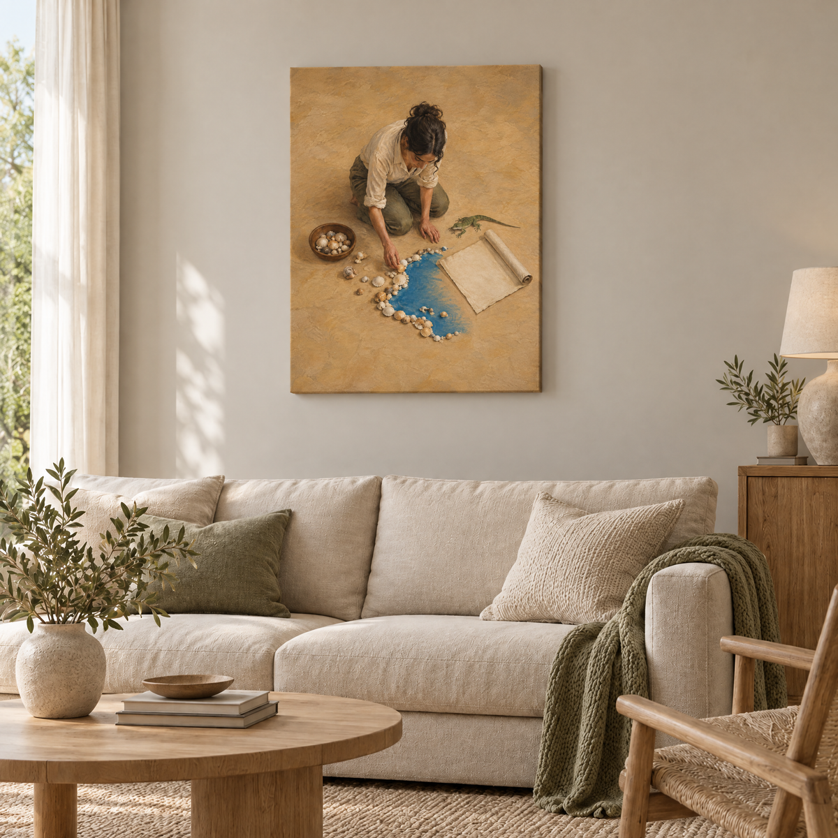 Die Kartografin der Muscheln – Rahmenlose Slim-Leinwand im Wohnzimmer, ohne Weißrand.