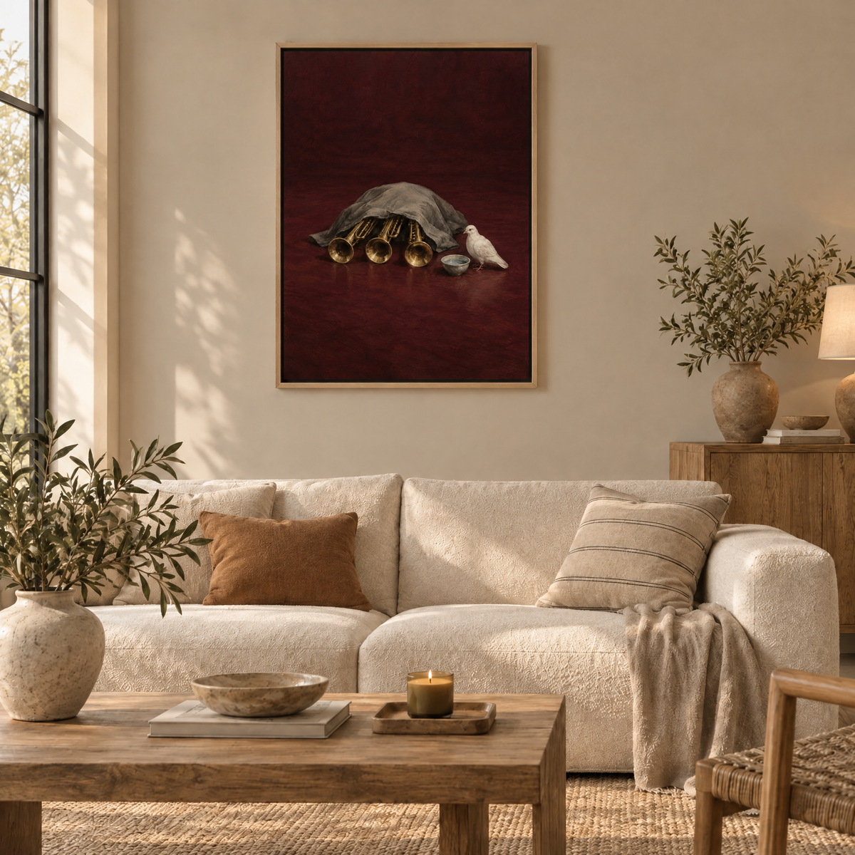 Der Schlaf der Trompeten – Leinwand im Naturholz-Schattenfugenrahmen im Wohnzimmer, ohne Weißrand.