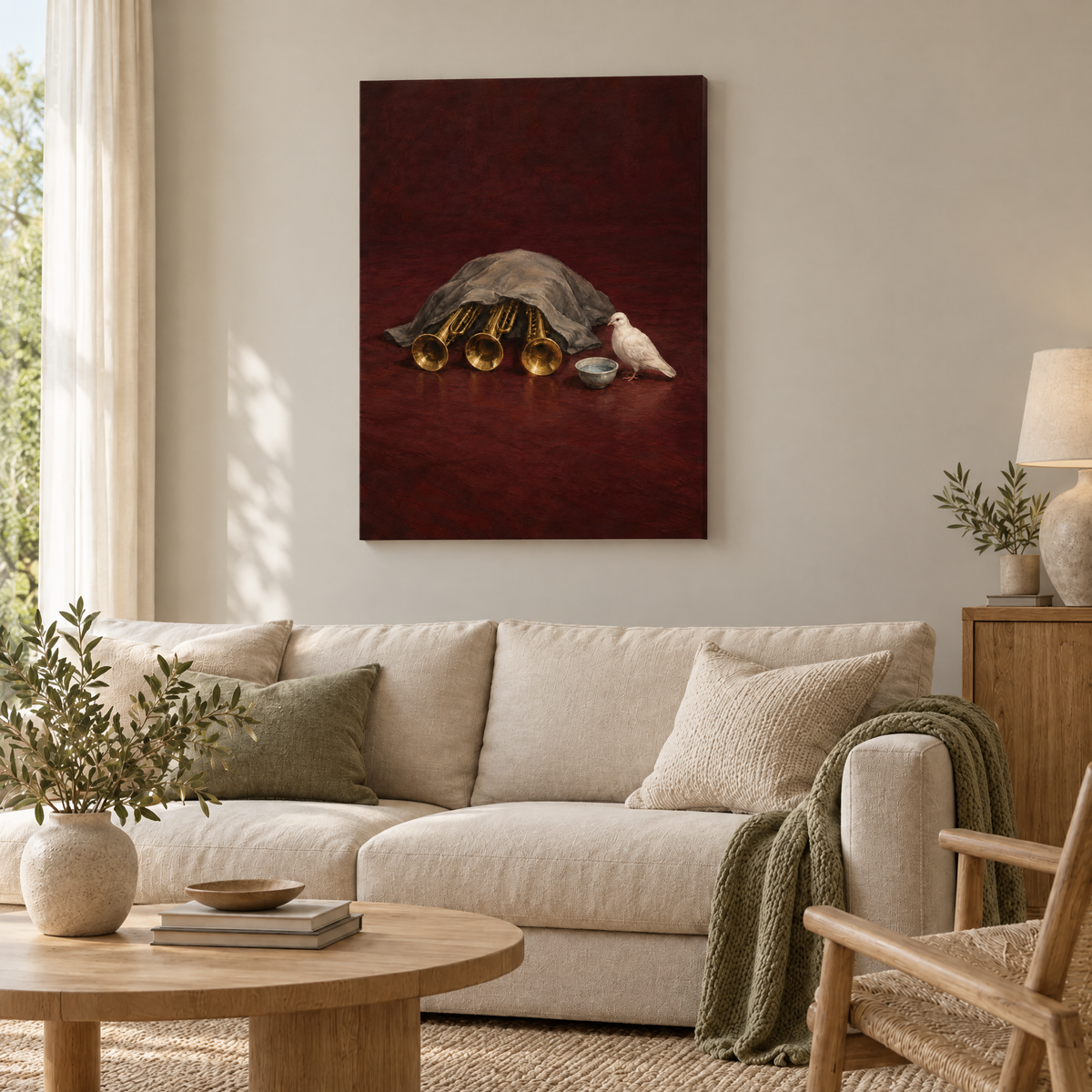 Der Schlaf der Trompeten – Rahmenlose Slim-Leinwand im Wohnzimmer, ohne Weißrand.