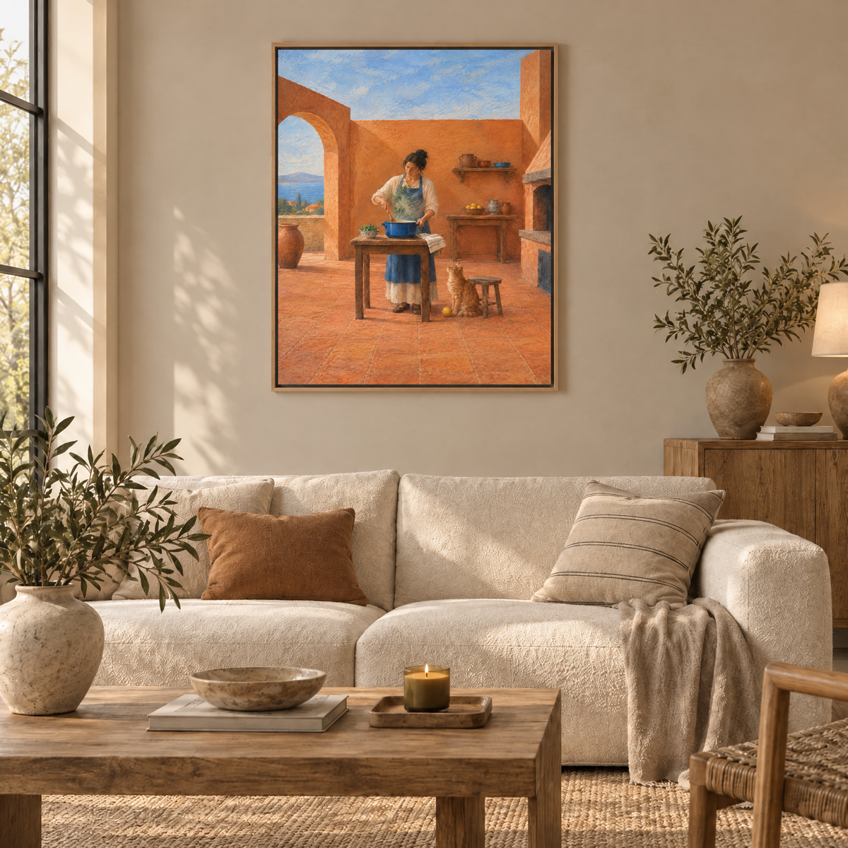Die Köchin der fliegenden Kräuter – Leinwand im Naturholz-Schattenfugenrahmen im Wohnzimmer, ohne Weißrand.