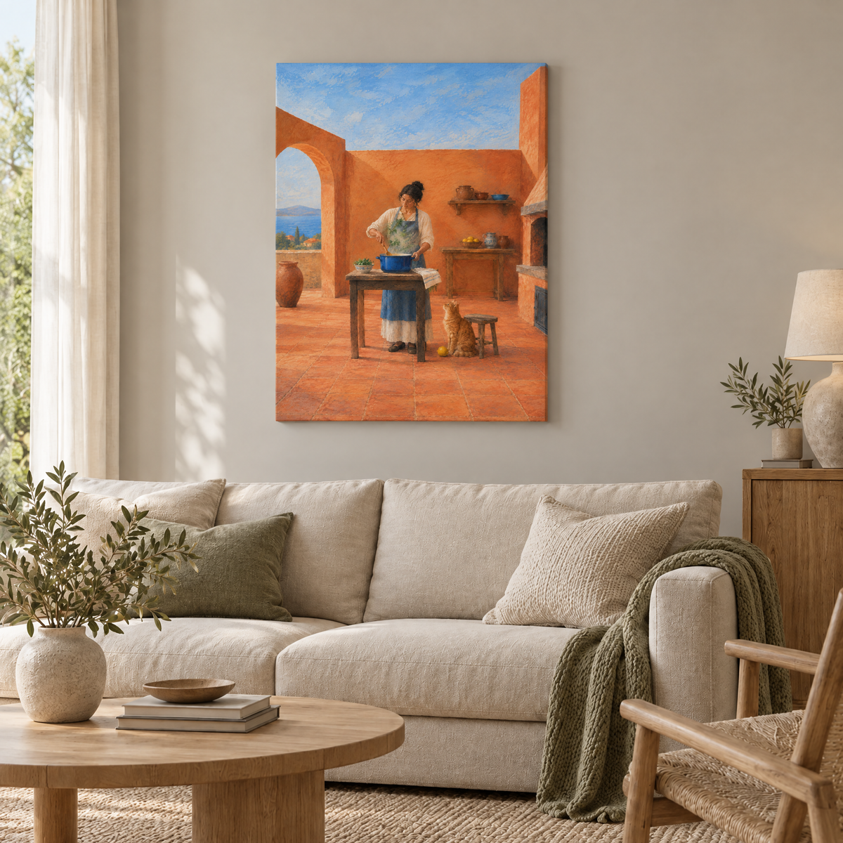Die Köchin der fliegenden Kräuter – Rahmenlose Slim-Leinwand im Wohnzimmer, ohne Weißrand.