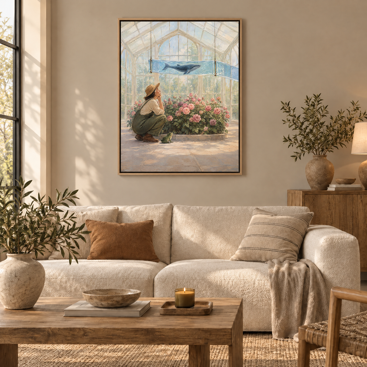 Der Wal im Gewächshaus – Leinwand im Naturholz-Schattenfugenrahmen im Wohnzimmer, ohne Weißrand.