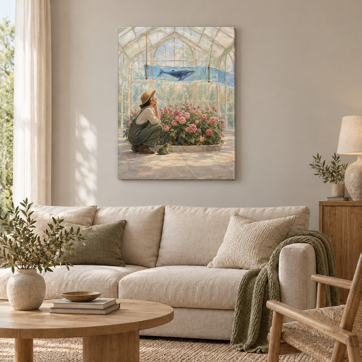Der Wal im Gewächshaus – Rahmenlose Slim-Leinwand im Wohnzimmer, ohne Weißrand.