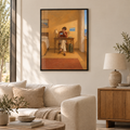 Die Postkarte ohne Meer – Poster im schwarzen Holzrahmen im Wohnzimmer, ohne Weißrand.