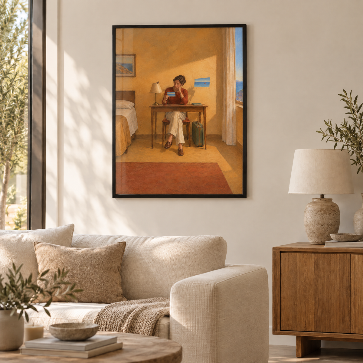 Die Postkarte ohne Meer – Poster im schwarzen Holzrahmen im Wohnzimmer, ohne Weißrand.