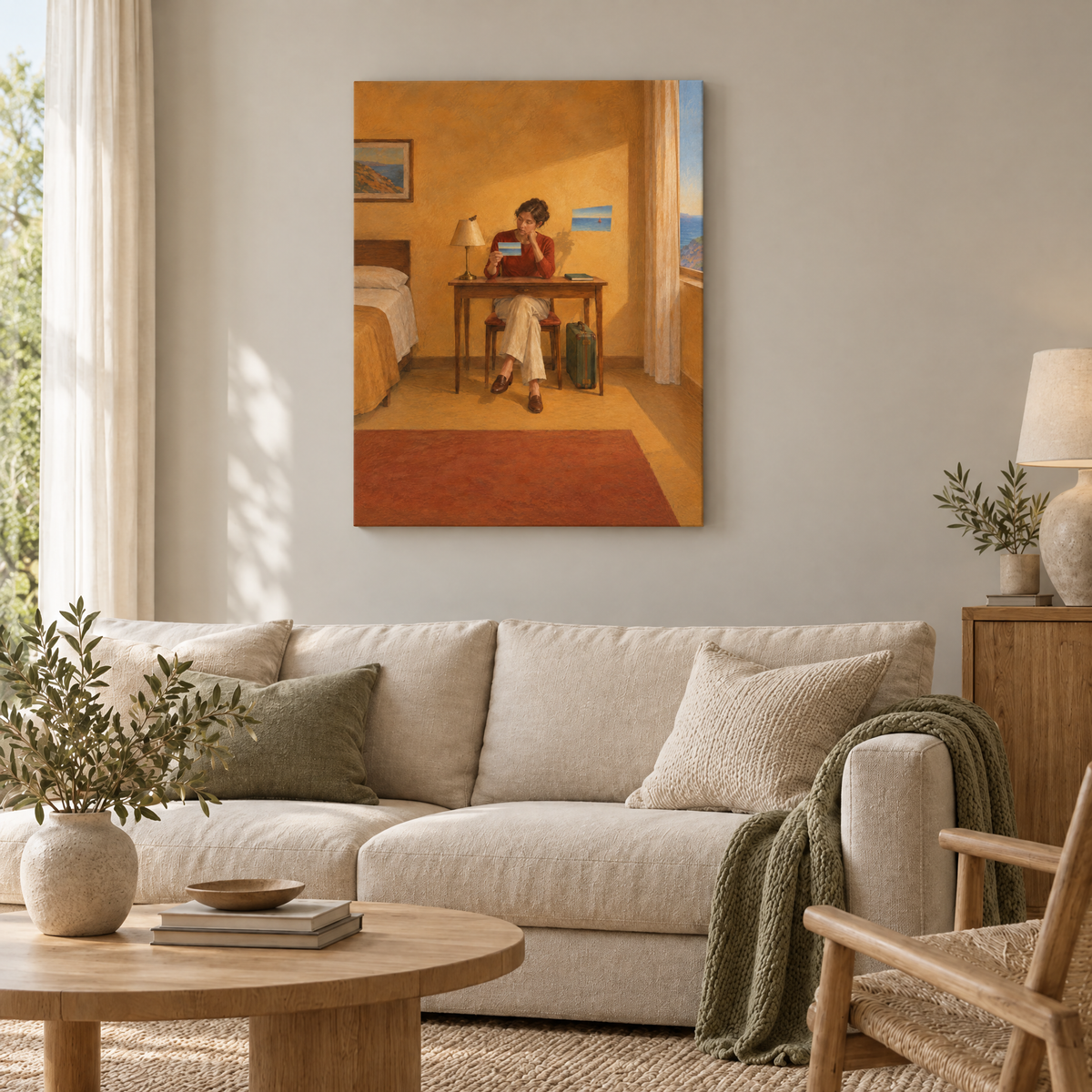 Die Postkarte ohne Meer – Rahmenlose Slim-Leinwand im Wohnzimmer, ohne Weißrand.