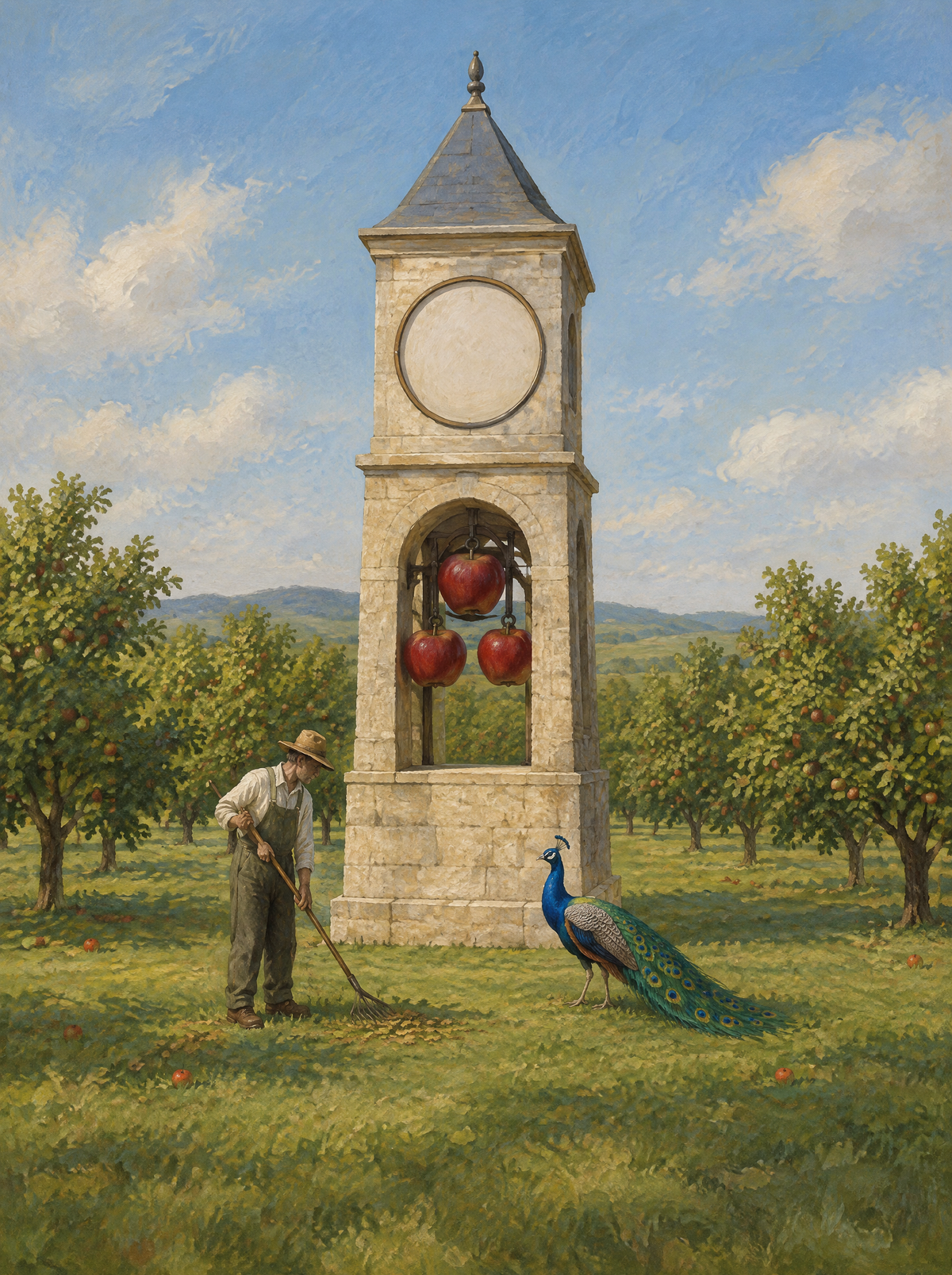 Der Uhrturm aus Äpfeln – Kunstmotiv ohne Rahmen.