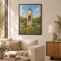 Der Uhrturm aus Äpfeln – Poster im schwarzen Holzrahmen im Wohnzimmer, ohne Weißrand.