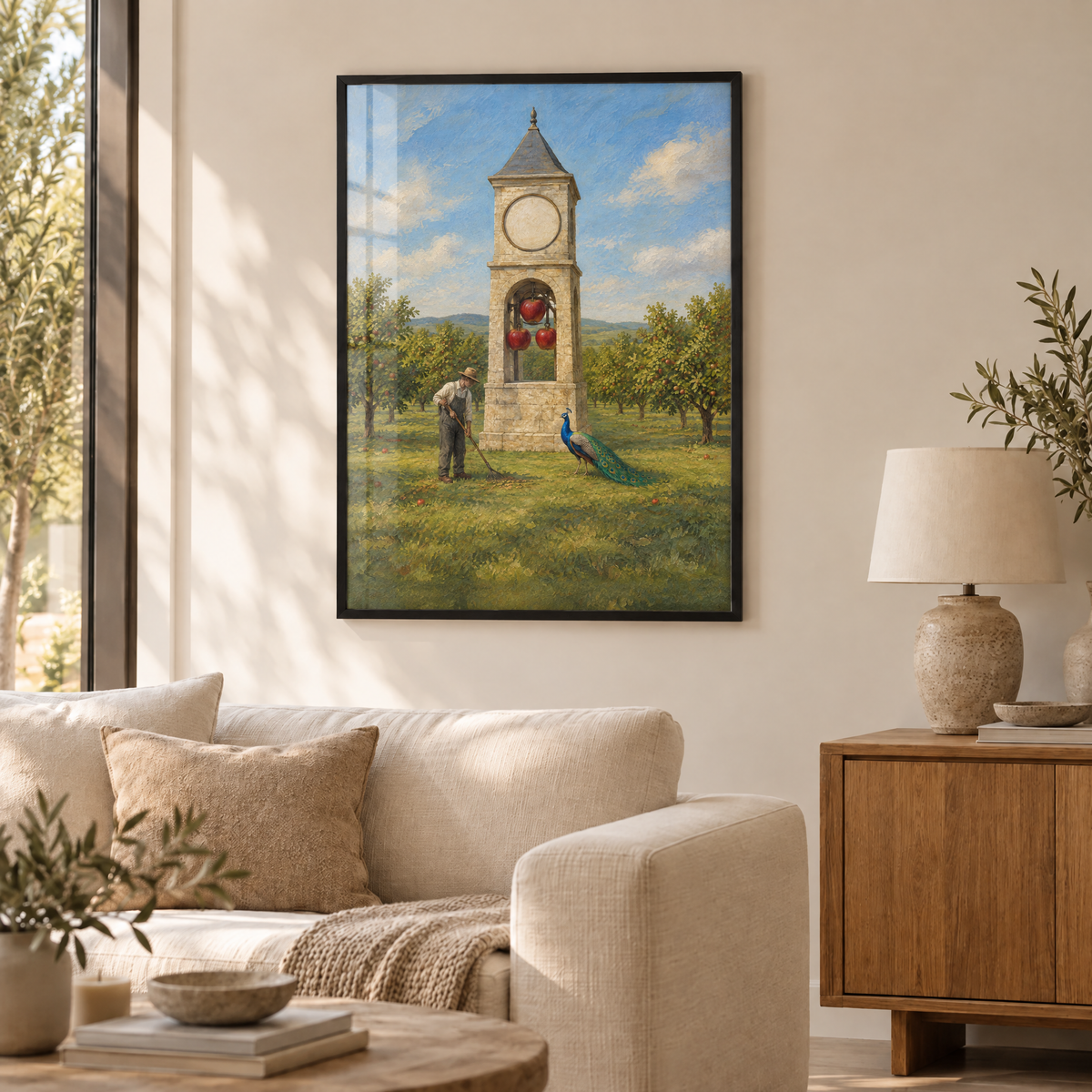 Der Uhrturm aus Äpfeln – Poster im schwarzen Holzrahmen im Wohnzimmer, ohne Weißrand.