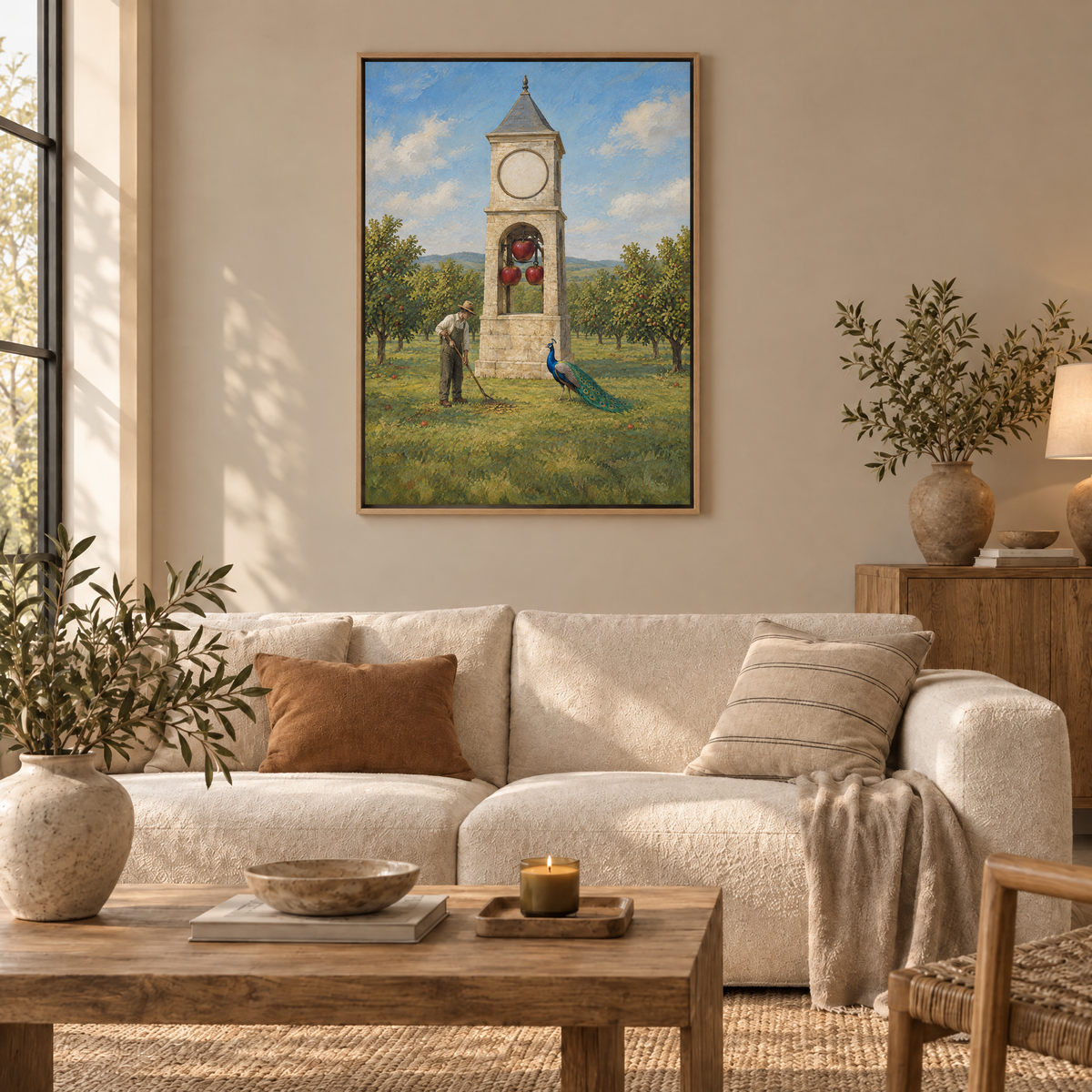 Der Uhrturm aus Äpfeln – Leinwand im Naturholz-Schattenfugenrahmen im Wohnzimmer, ohne Weißrand.