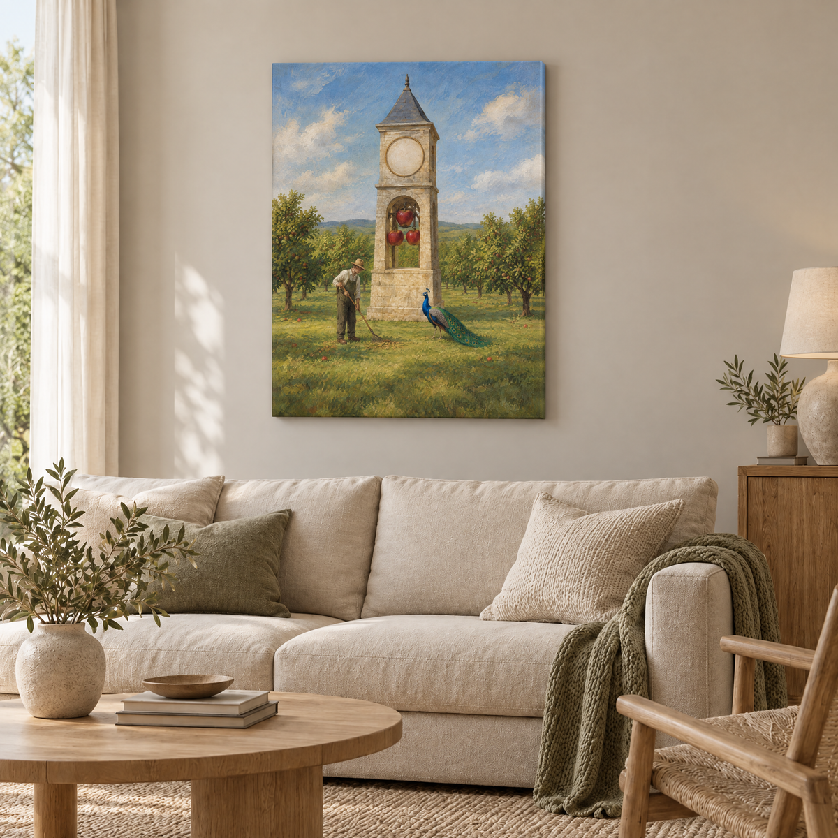 Der Uhrturm aus Äpfeln – Rahmenlose Slim-Leinwand im Wohnzimmer, ohne Weißrand.