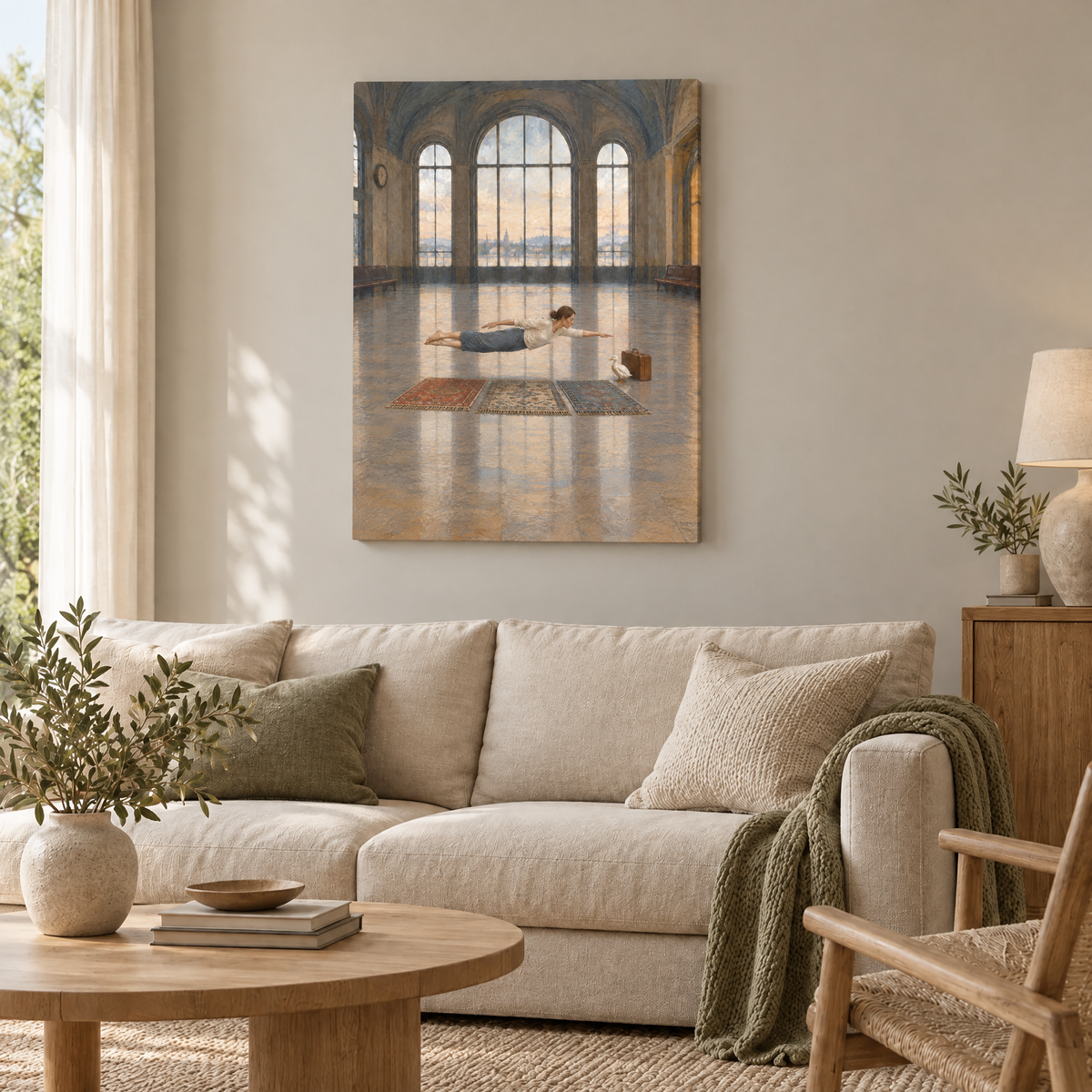 Die Schwimmerin der Teppiche – Rahmenlose Slim-Leinwand im Wohnzimmer, ohne Weißrand.