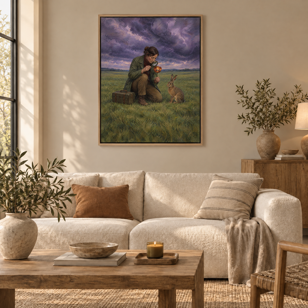 Der Botaniker des Donners – Leinwand im Naturholz-Schattenfugenrahmen im Wohnzimmer, ohne Weißrand.