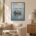 Das Boot der schlafenden Bäume – Poster im schwarzen Holzrahmen im Wohnzimmer, ohne Weißrand.
