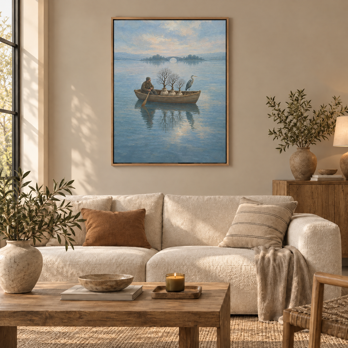 Das Boot der schlafenden Bäume – Leinwand im Naturholz-Schattenfugenrahmen im Wohnzimmer, ohne Weißrand.