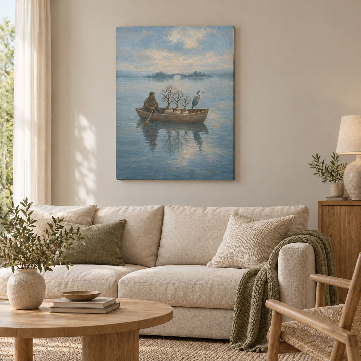 Das Boot der schlafenden Bäume – Rahmenlose Slim-Leinwand im Wohnzimmer, ohne Weißrand.