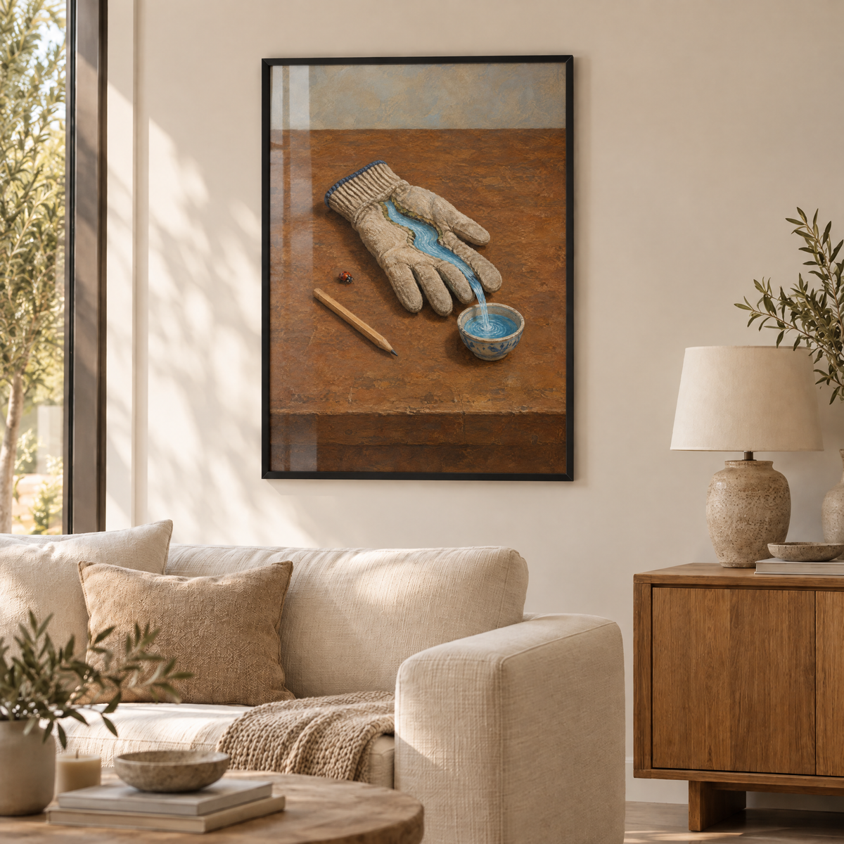 Der Fluss im Handschuh – Poster im schwarzen Holzrahmen im Wohnzimmer, ohne Weißrand.