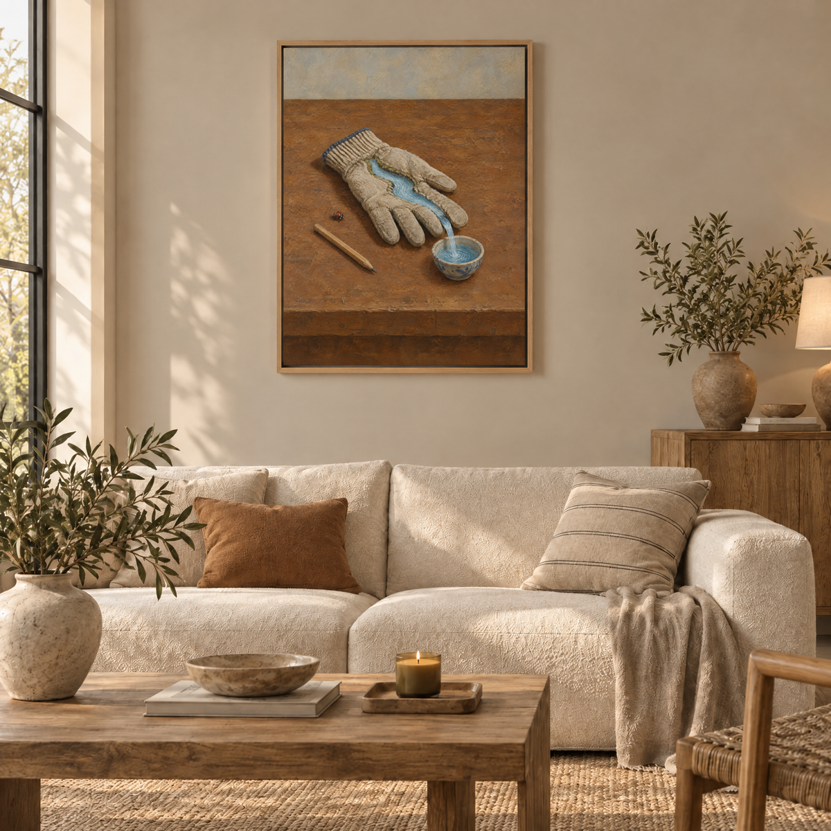 Der Fluss im Handschuh – Leinwand im Naturholz-Schattenfugenrahmen im Wohnzimmer, ohne Weißrand.