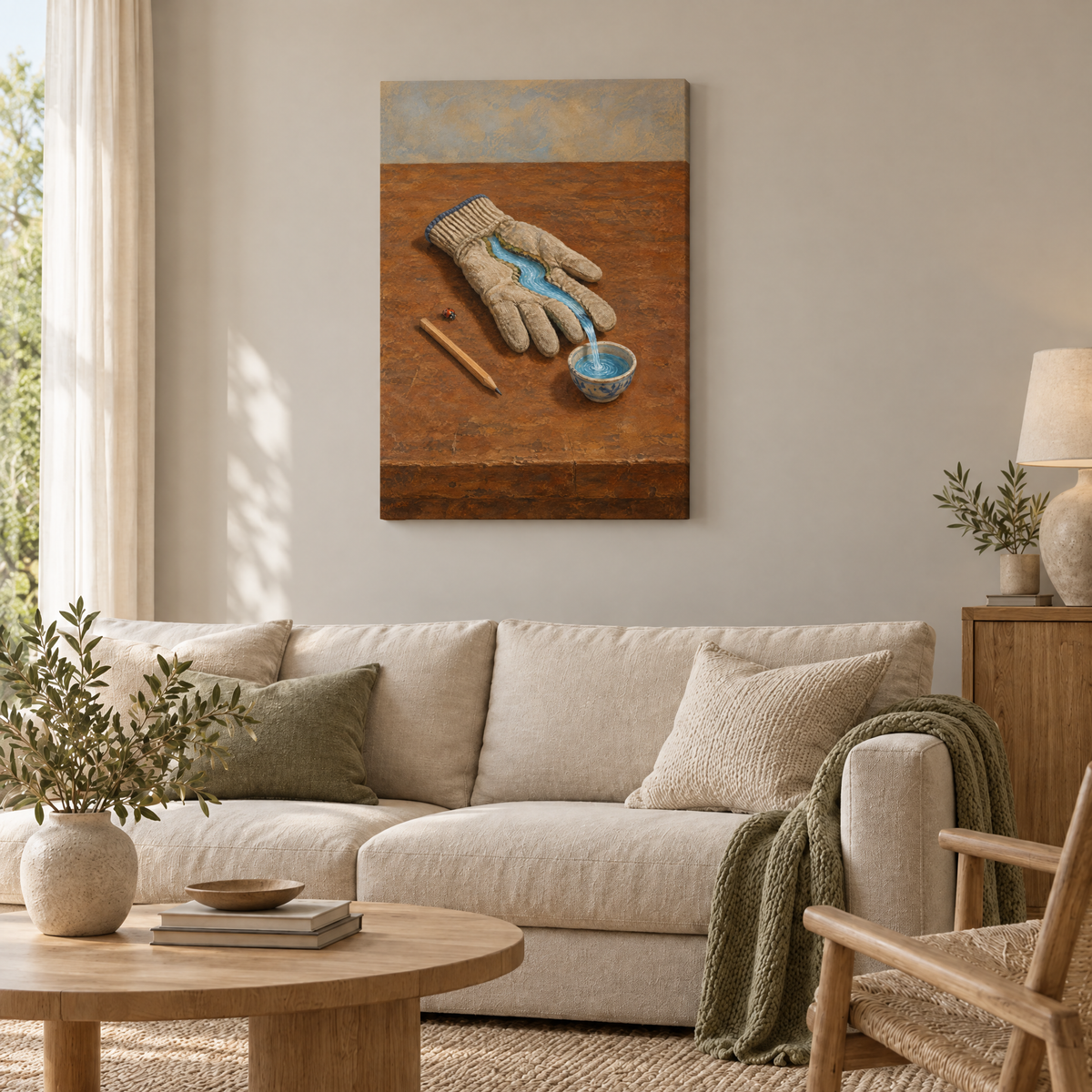 Der Fluss im Handschuh – Rahmenlose Slim-Leinwand im Wohnzimmer, ohne Weißrand.
