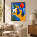 Die Frau mit dem roten Mond – Poster im schwarzen Holzrahmen im Wohnzimmer, ohne Weißrand.