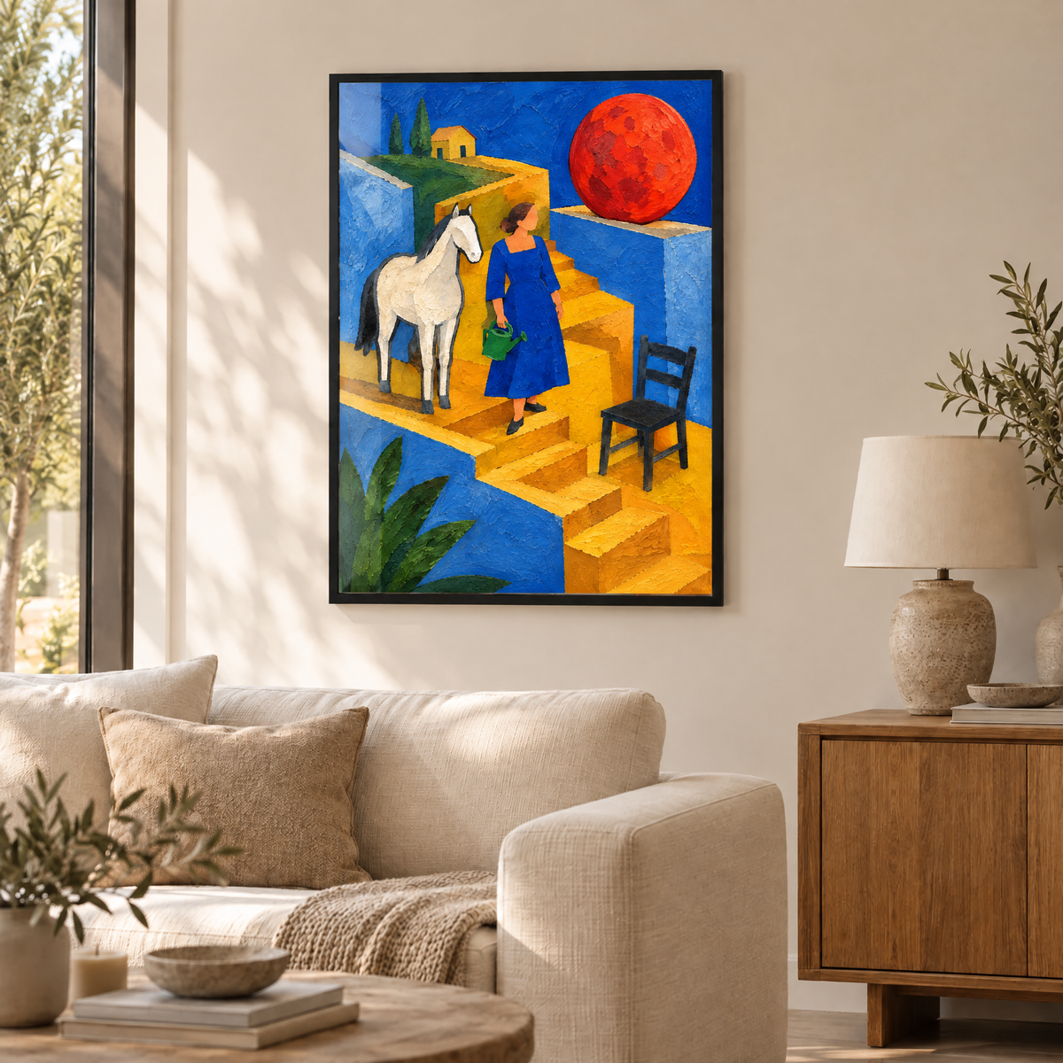 Die Frau mit dem roten Mond – Poster im schwarzen Holzrahmen im Wohnzimmer, ohne Weißrand.