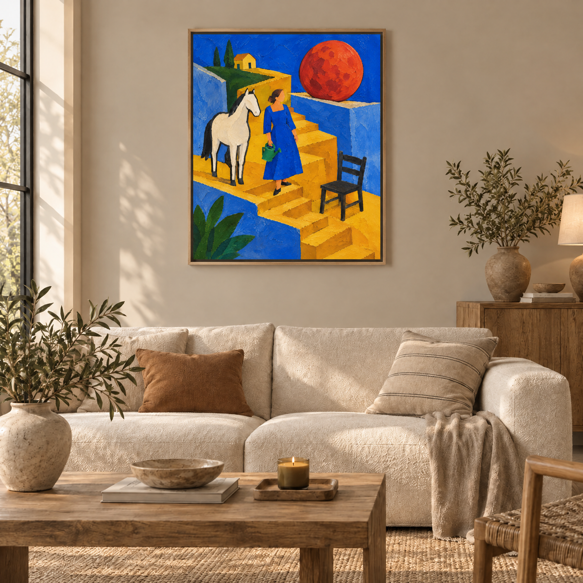 Die Frau mit dem roten Mond – Leinwand im Naturholz-Schattenfugenrahmen im Wohnzimmer, ohne Weißrand.