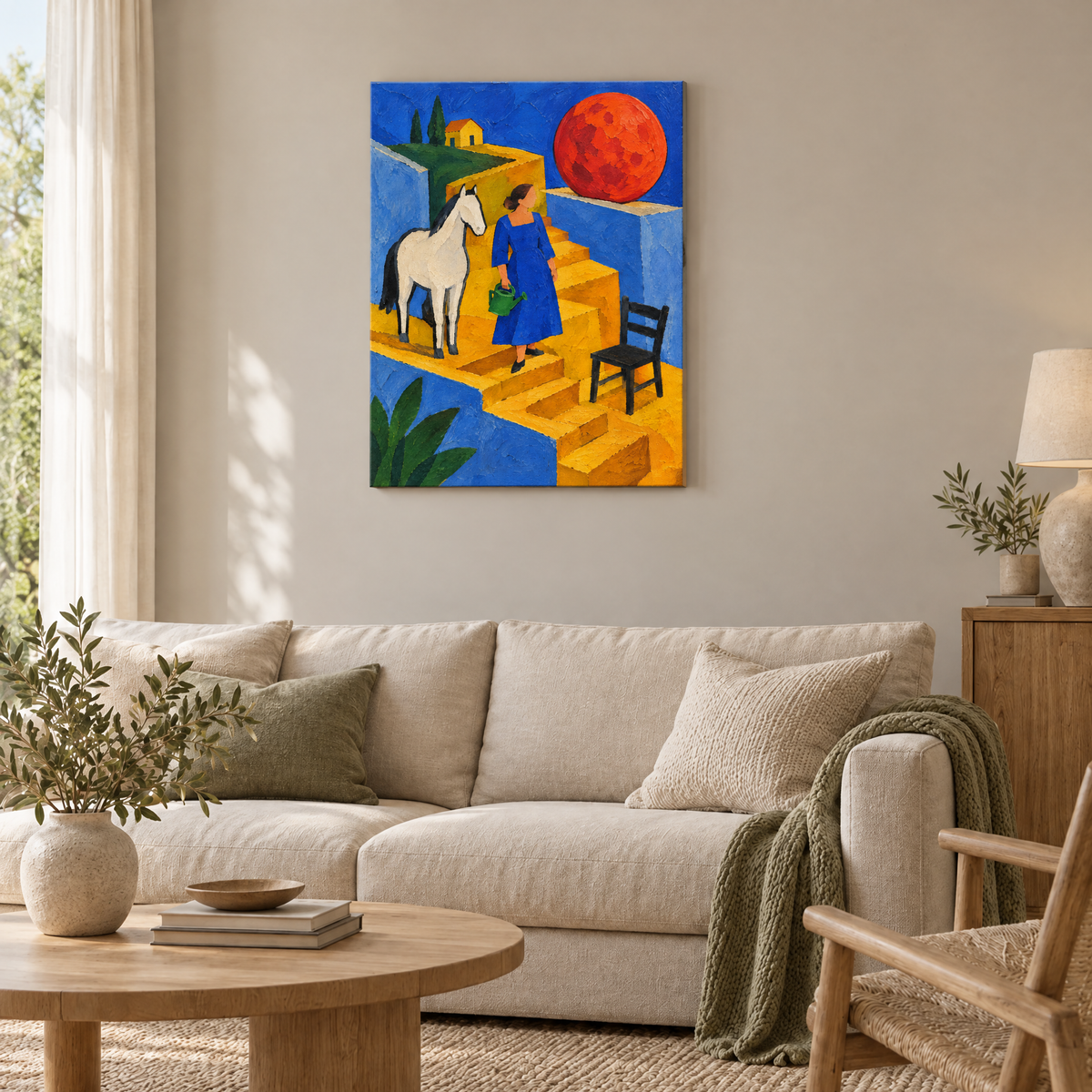 Die Frau mit dem roten Mond – Rahmenlose Slim-Leinwand im Wohnzimmer, ohne Weißrand.