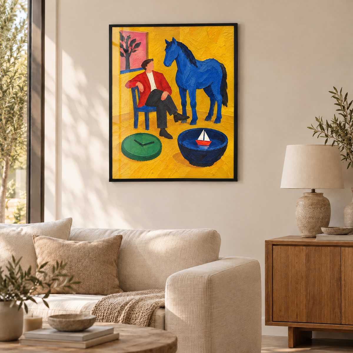 Das Pferd im gelben Zimmer – Poster im schwarzen Holzrahmen im Wohnzimmer, ohne Weißrand.
