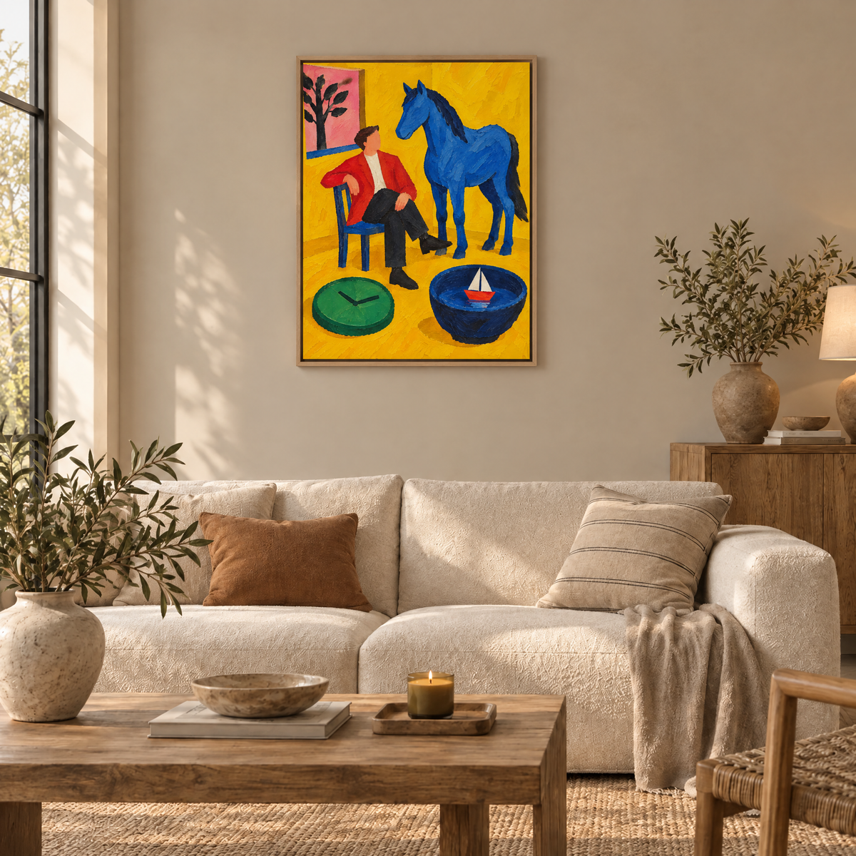 Das Pferd im gelben Zimmer – Leinwand im Naturholz-Schattenfugenrahmen im Wohnzimmer, ohne Weißrand.