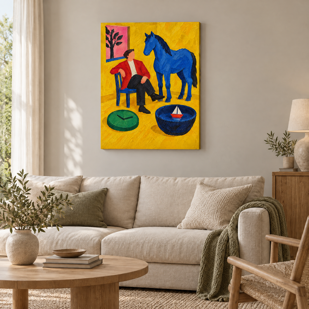 Das Pferd im gelben Zimmer – Rahmenlose Slim-Leinwand im Wohnzimmer, ohne Weißrand.