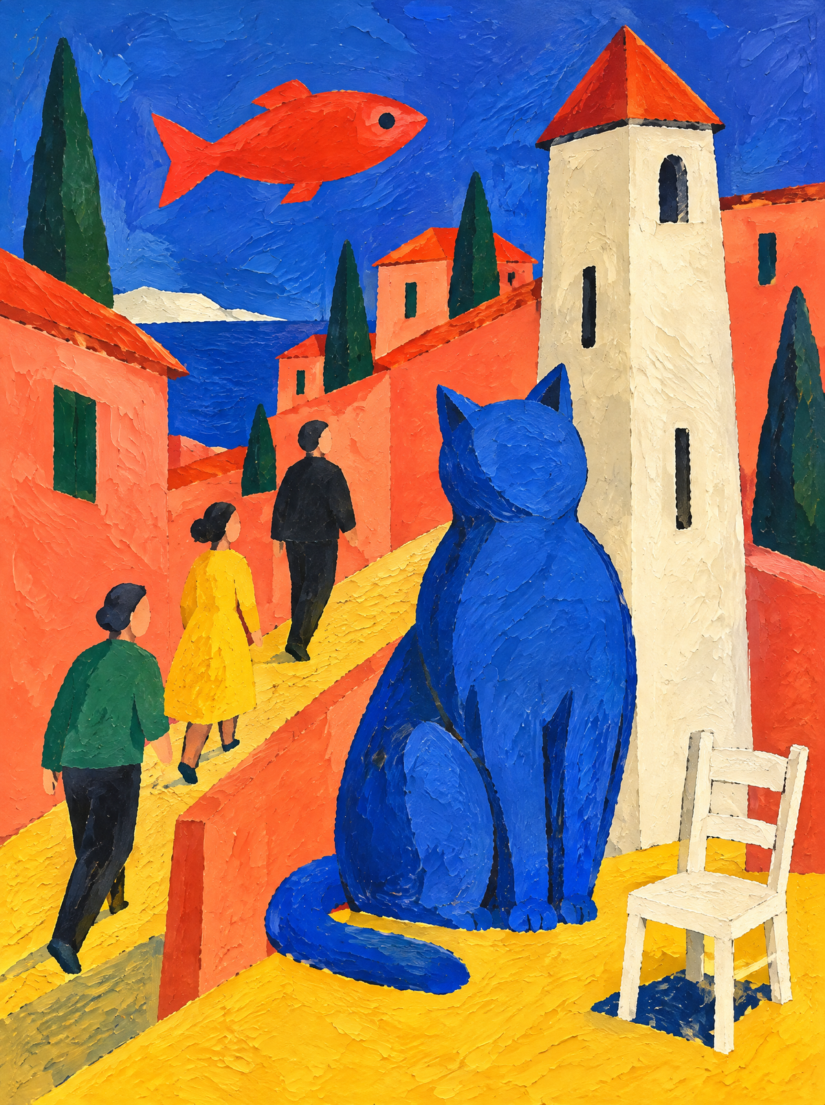 Die blaue Katze und der Turm – Kunstmotiv ohne Rahmen.