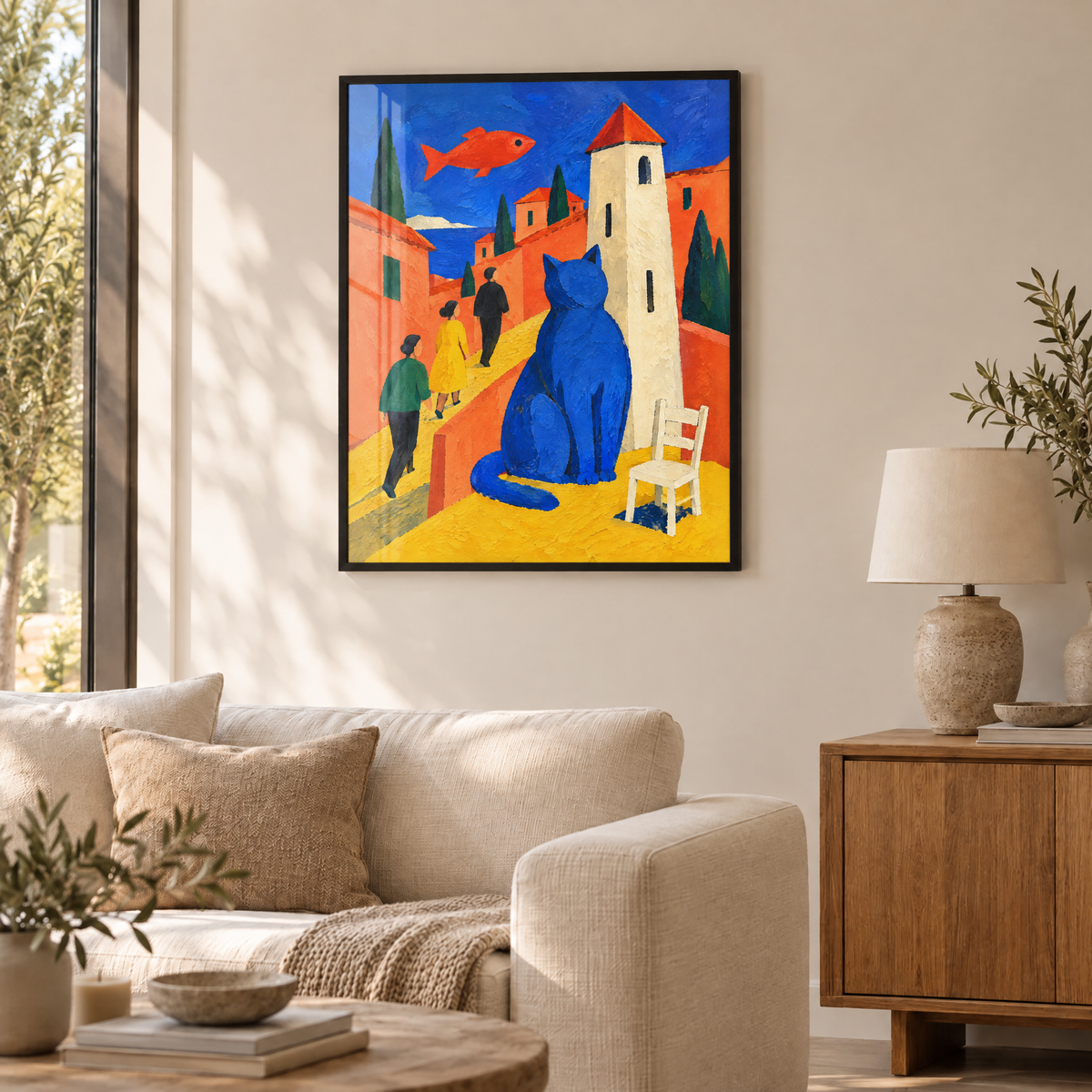 Die blaue Katze und der Turm – Poster im schwarzen Holzrahmen im Wohnzimmer, ohne Weißrand.