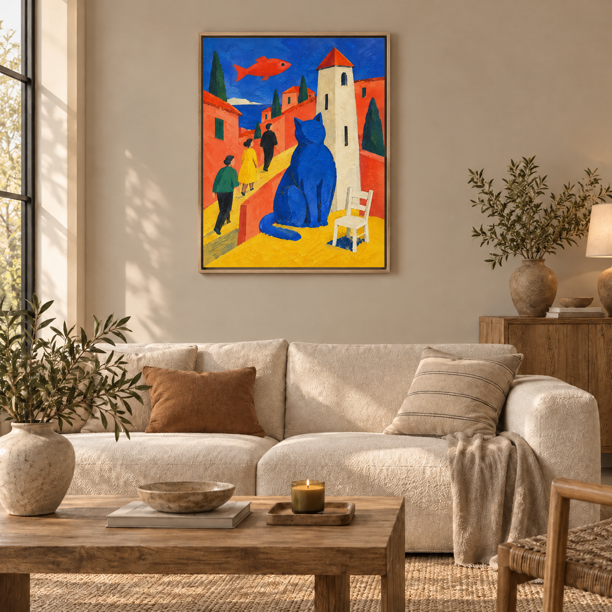 Die blaue Katze und der Turm – Leinwand im Naturholz-Schattenfugenrahmen im Wohnzimmer, ohne Weißrand.