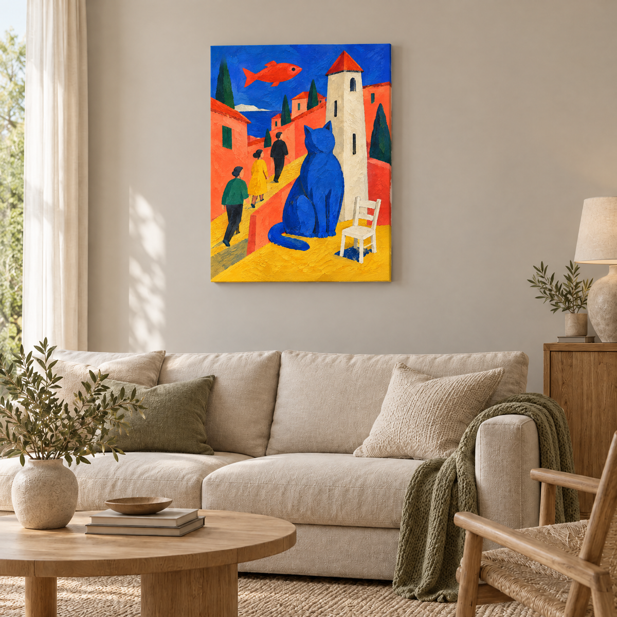 Die blaue Katze und der Turm – Rahmenlose Slim-Leinwand im Wohnzimmer, ohne Weißrand.