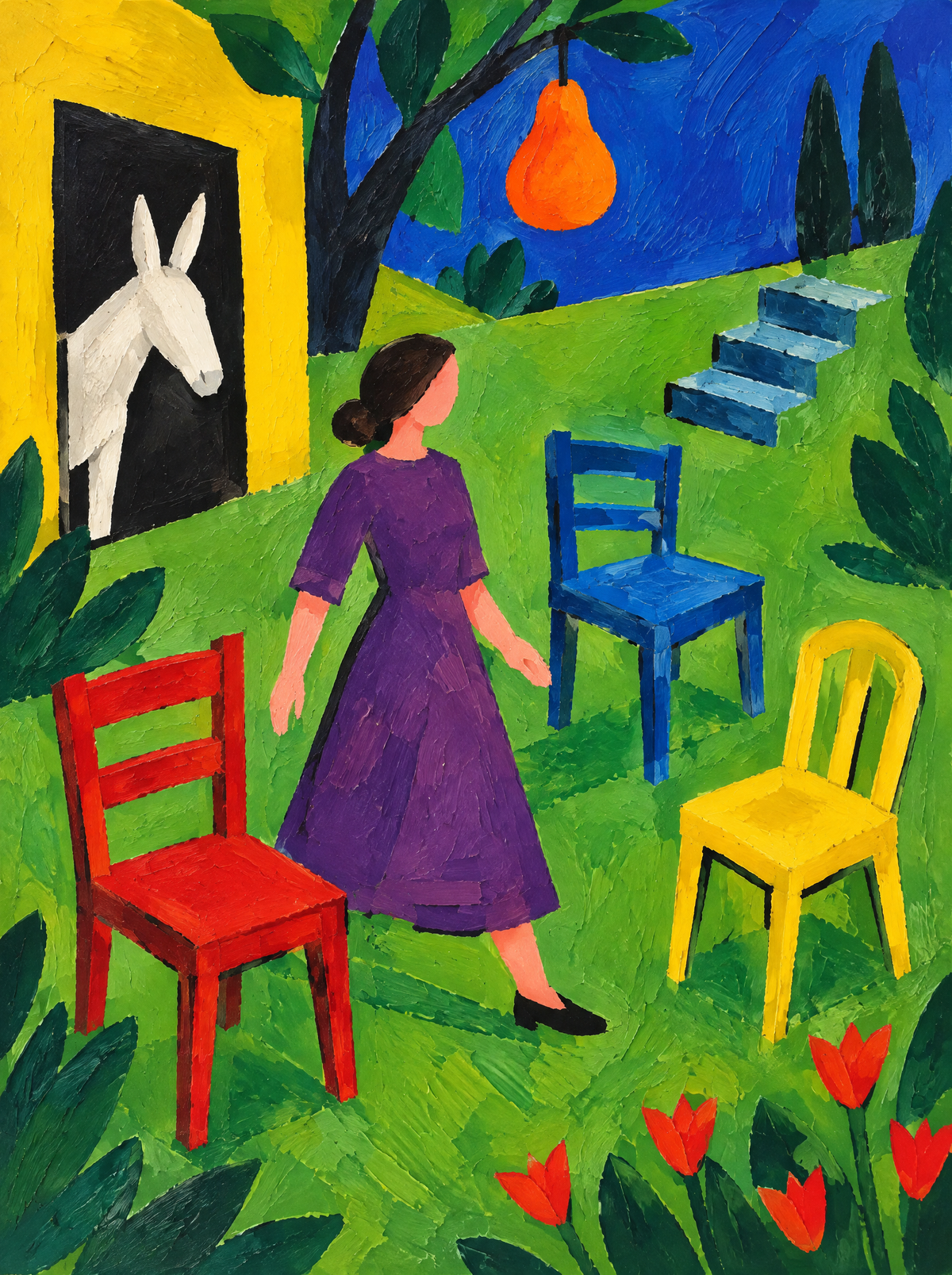 Der Garten der drei Stühle – Kunstmotiv ohne Rahmen.