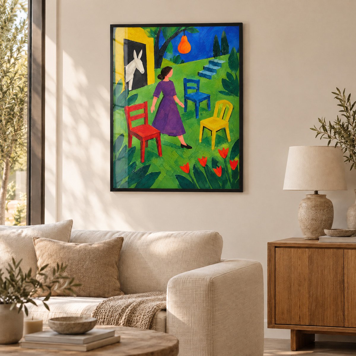 Der Garten der drei Stühle – Poster im schwarzen Holzrahmen im Wohnzimmer, ohne Weißrand.