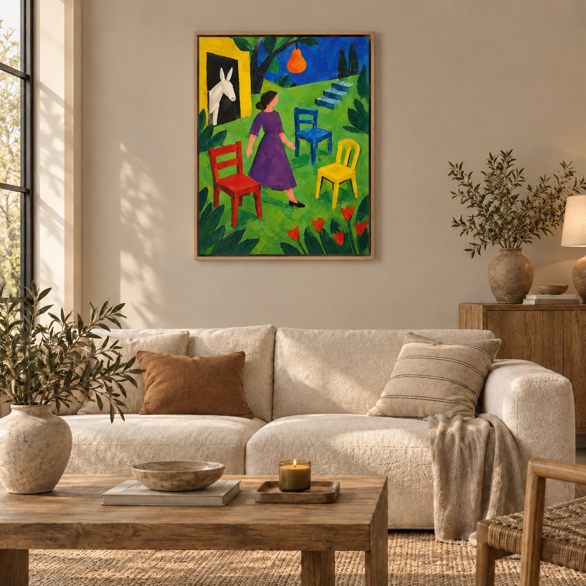Der Garten der drei Stühle – Leinwand im Naturholz-Schattenfugenrahmen im Wohnzimmer, ohne Weißrand.
