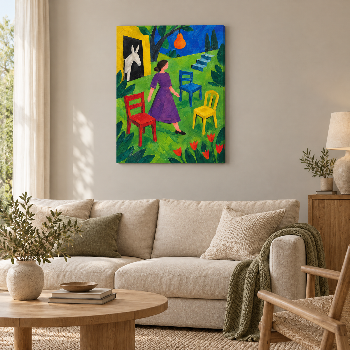 Der Garten der drei Stühle – Rahmenlose Slim-Leinwand im Wohnzimmer, ohne Weißrand.