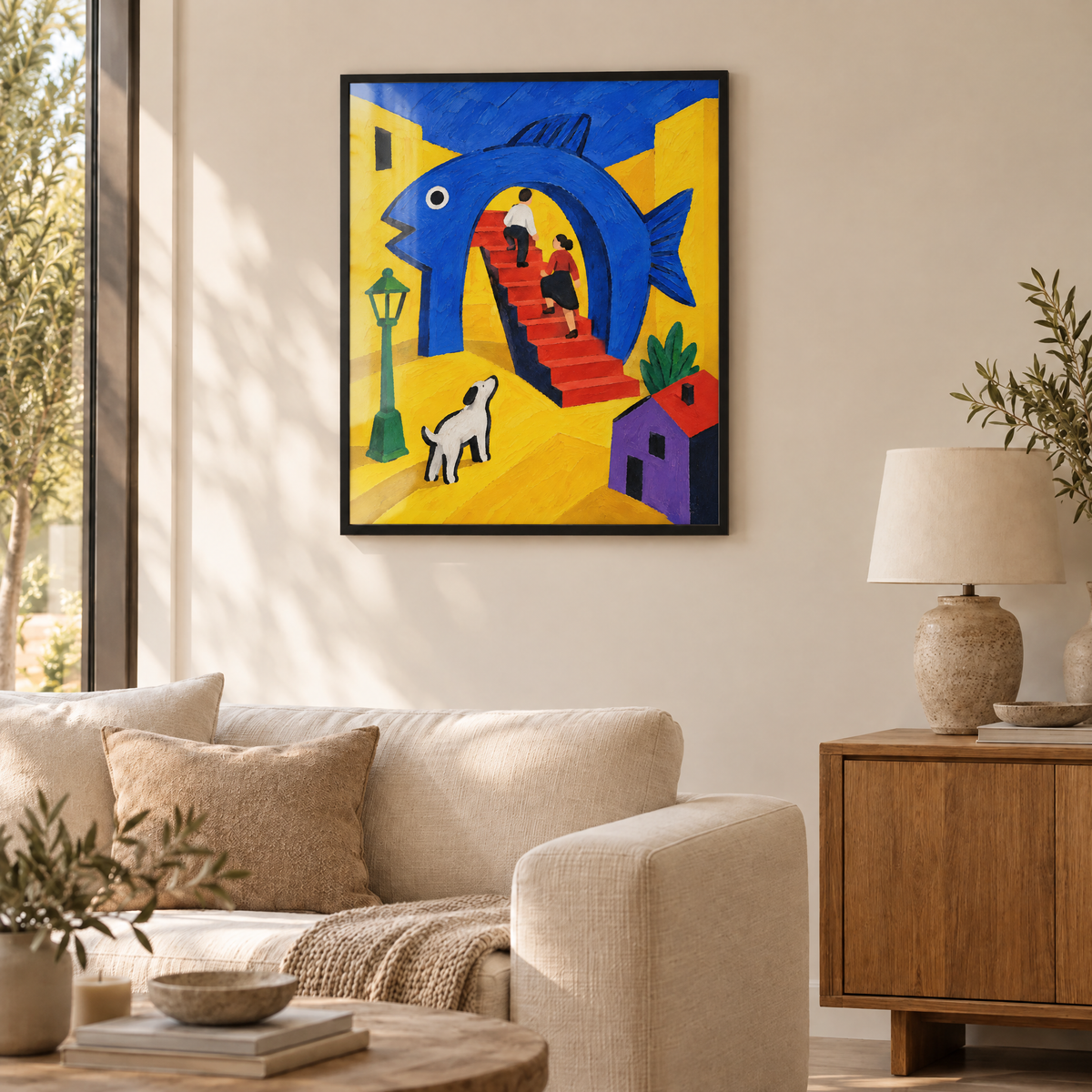 Die Treppe durch den Fisch – Poster im schwarzen Holzrahmen im Wohnzimmer, ohne Weißrand.