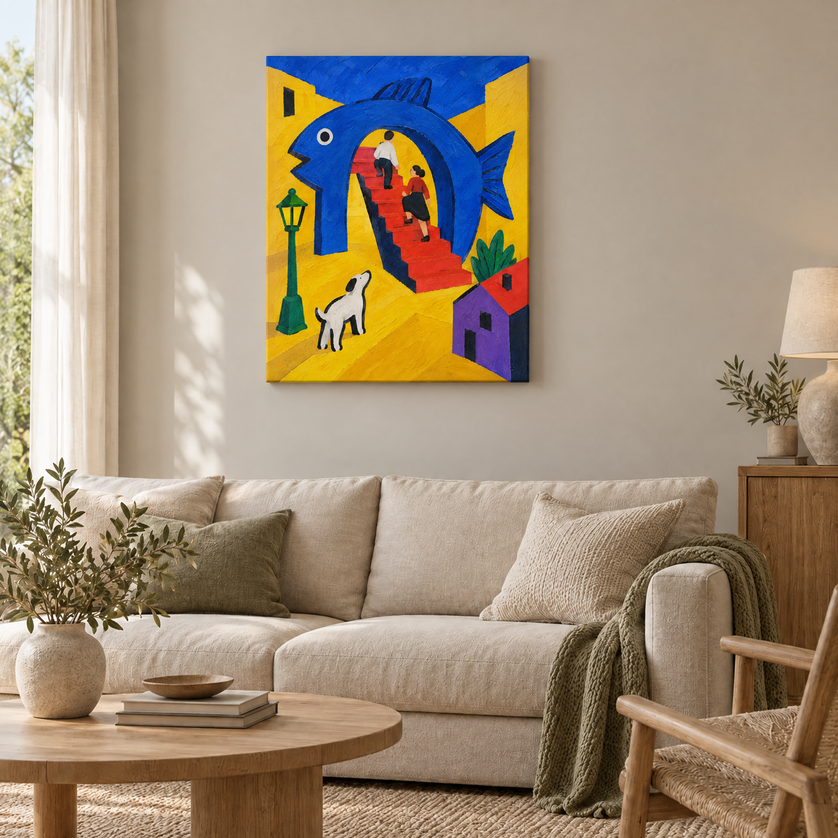 Die Treppe durch den Fisch – Rahmenlose Slim-Leinwand im Wohnzimmer, ohne Weißrand.
