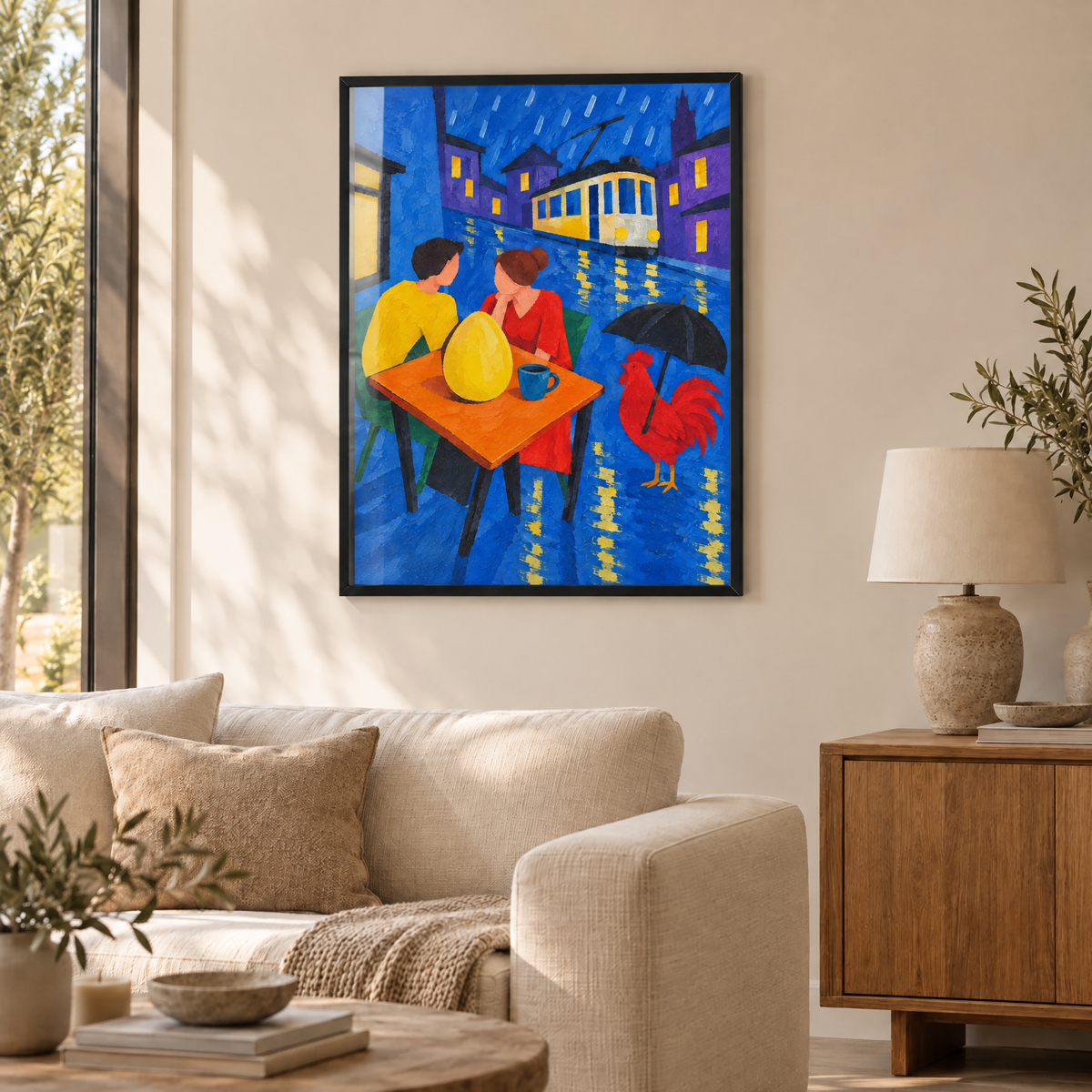 Das Frühstück im Regen – Poster im schwarzen Holzrahmen im Wohnzimmer, ohne Weißrand.