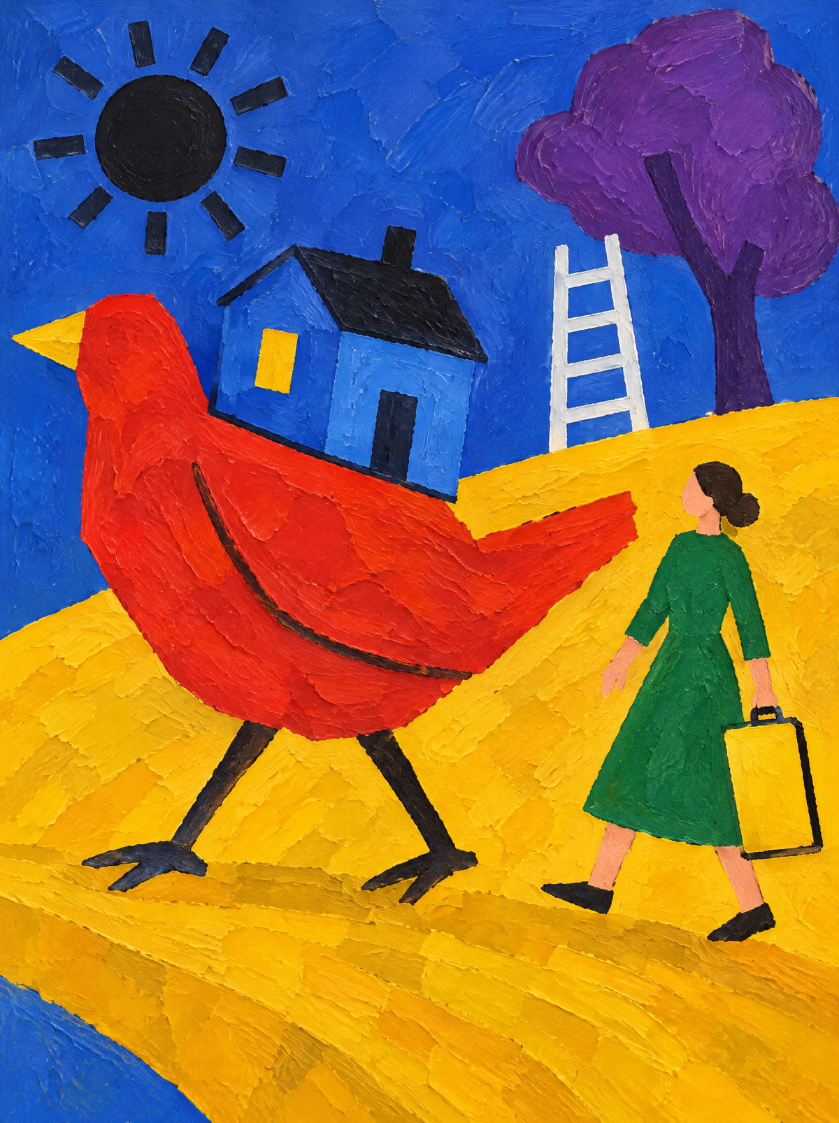 Der Vogel trägt das Haus – Kunstmotiv ohne Rahmen.
