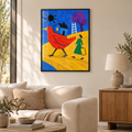 Der Vogel trägt das Haus – Poster im schwarzen Holzrahmen im Wohnzimmer, ohne Weißrand.