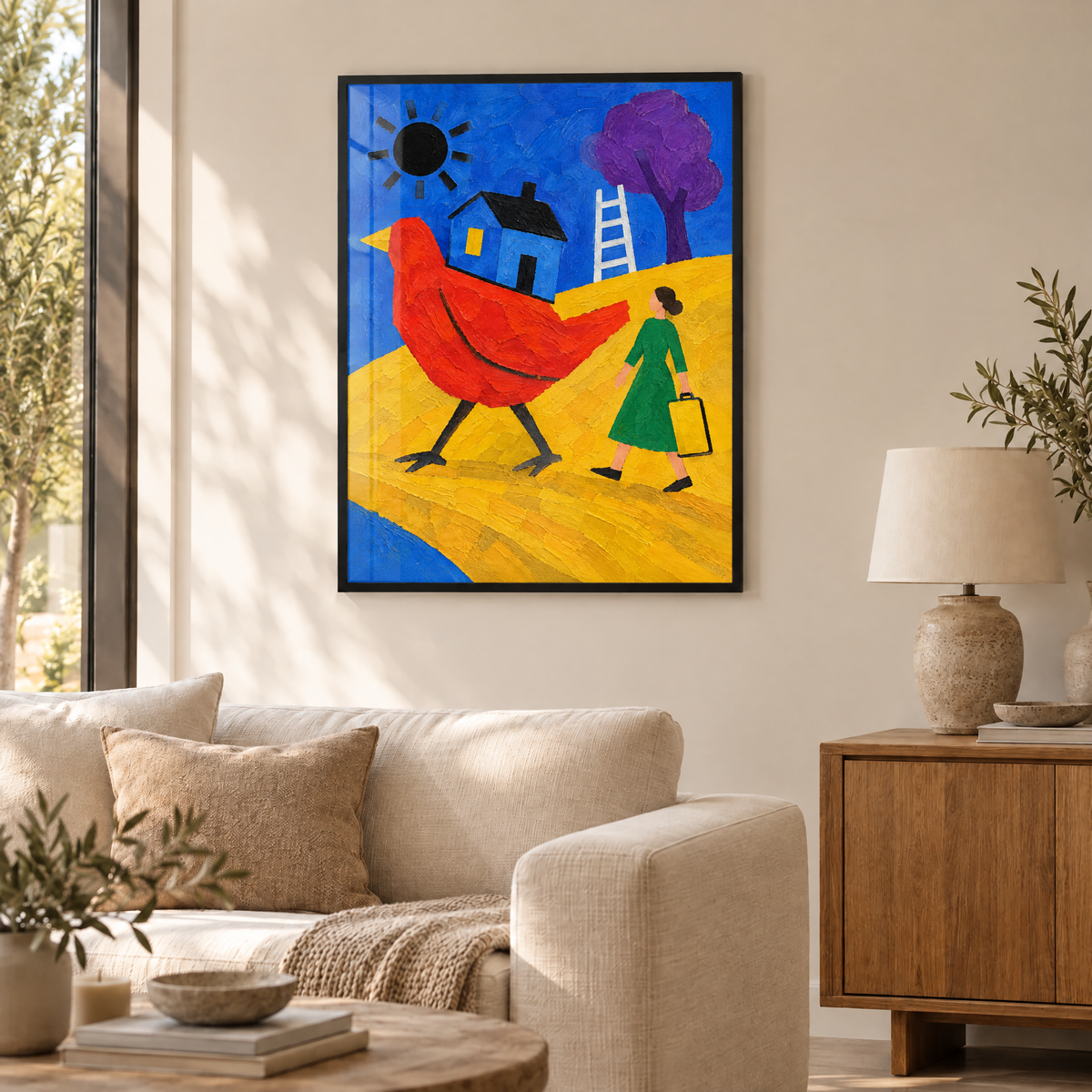 Der Vogel trägt das Haus – Poster im schwarzen Holzrahmen im Wohnzimmer, ohne Weißrand.