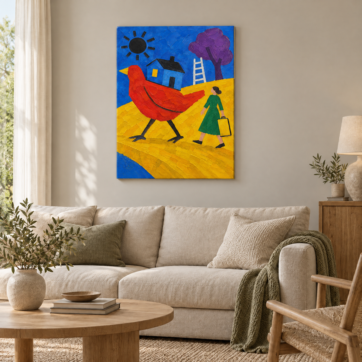 Der Vogel trägt das Haus – Rahmenlose Slim-Leinwand im Wohnzimmer, ohne Weißrand.
