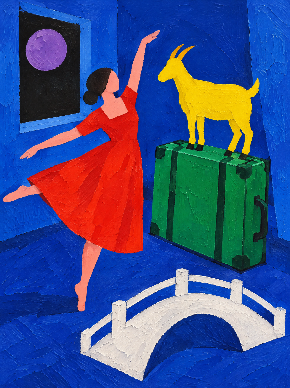 Die Tänzerin und der grüne Koffer – Kunstmotiv ohne Rahmen.