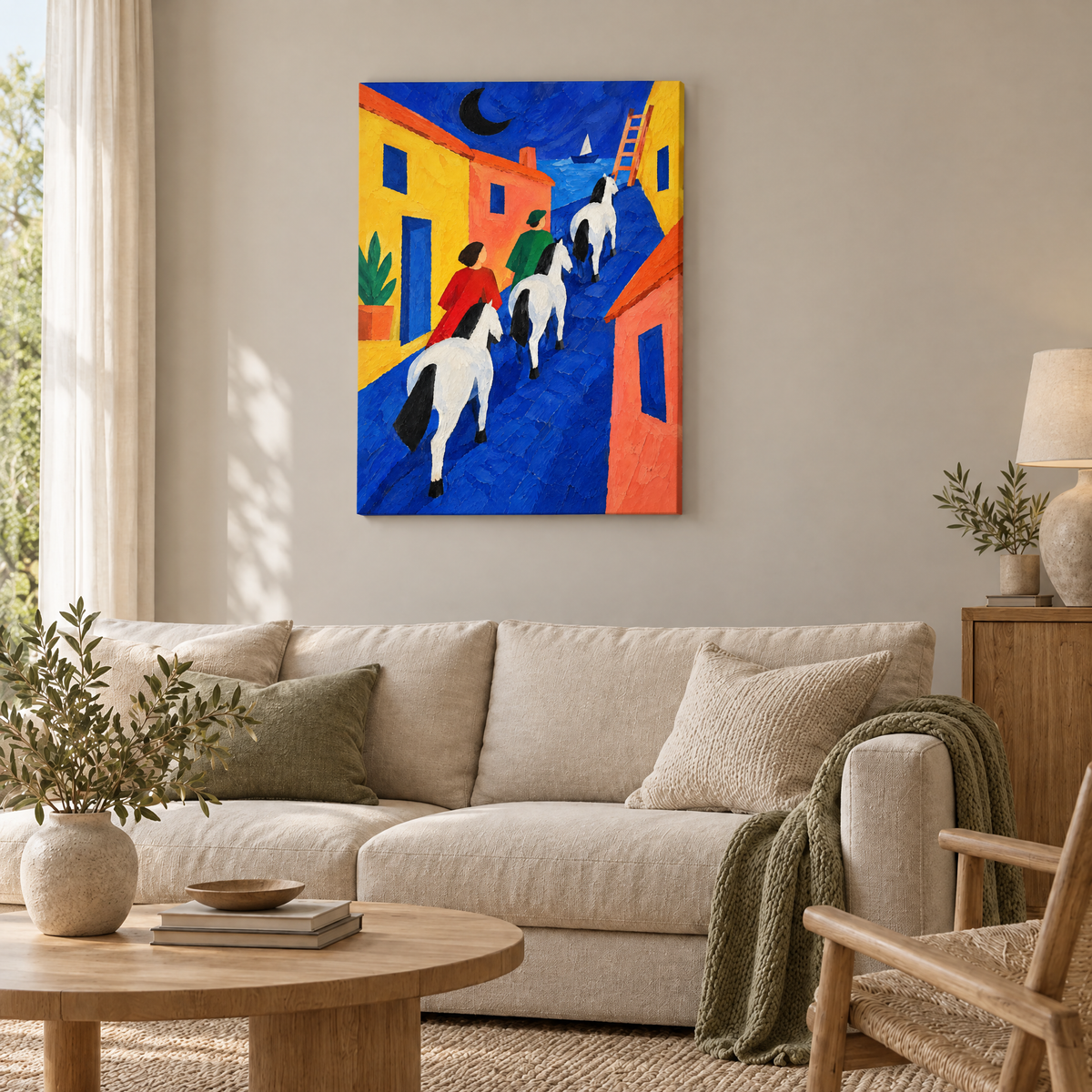 Die Straße der weißen Pferde – Rahmenlose Slim-Leinwand im Wohnzimmer, ohne Weißrand.