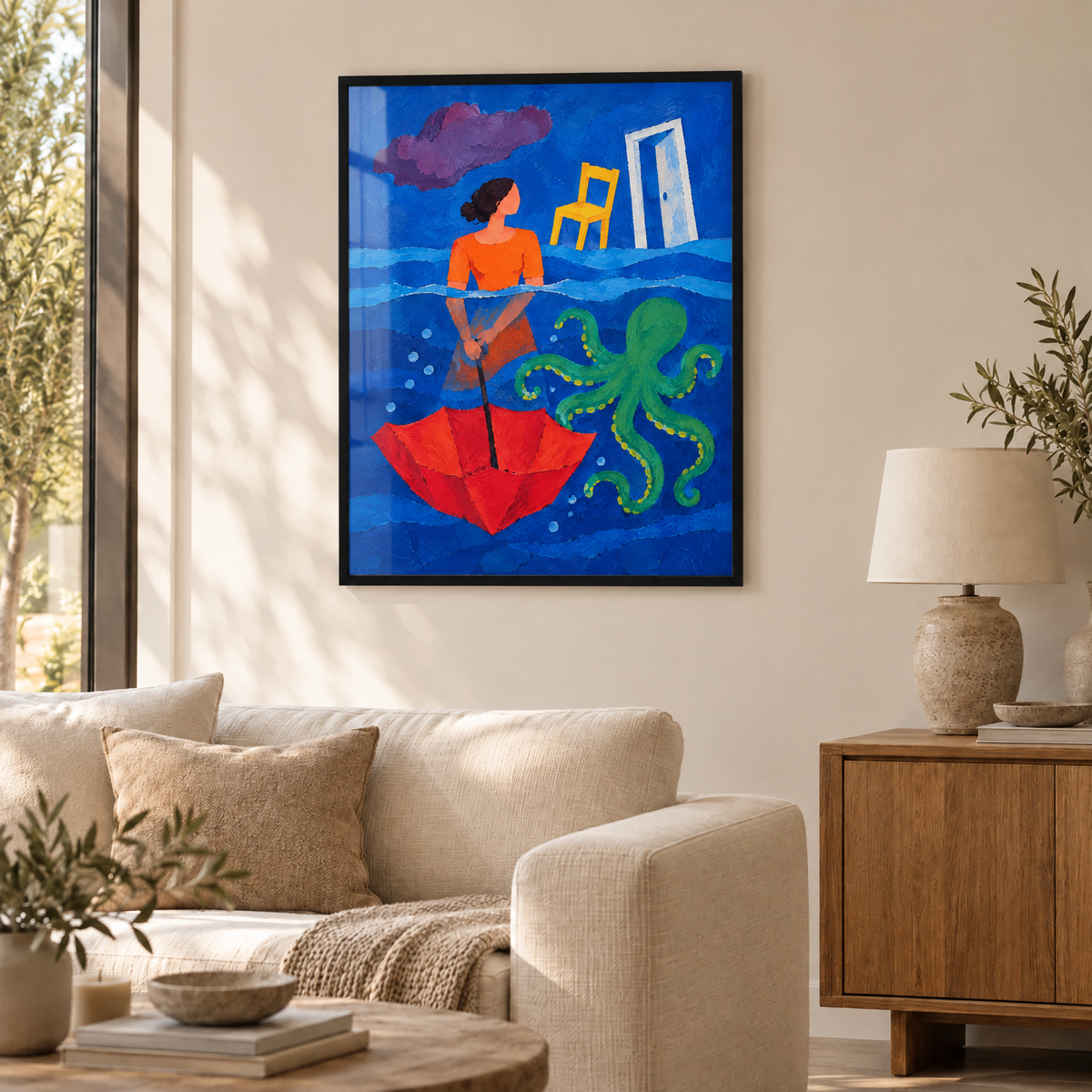 Der Schirm unter Wasser – Poster im schwarzen Holzrahmen im Wohnzimmer, ohne Weißrand.