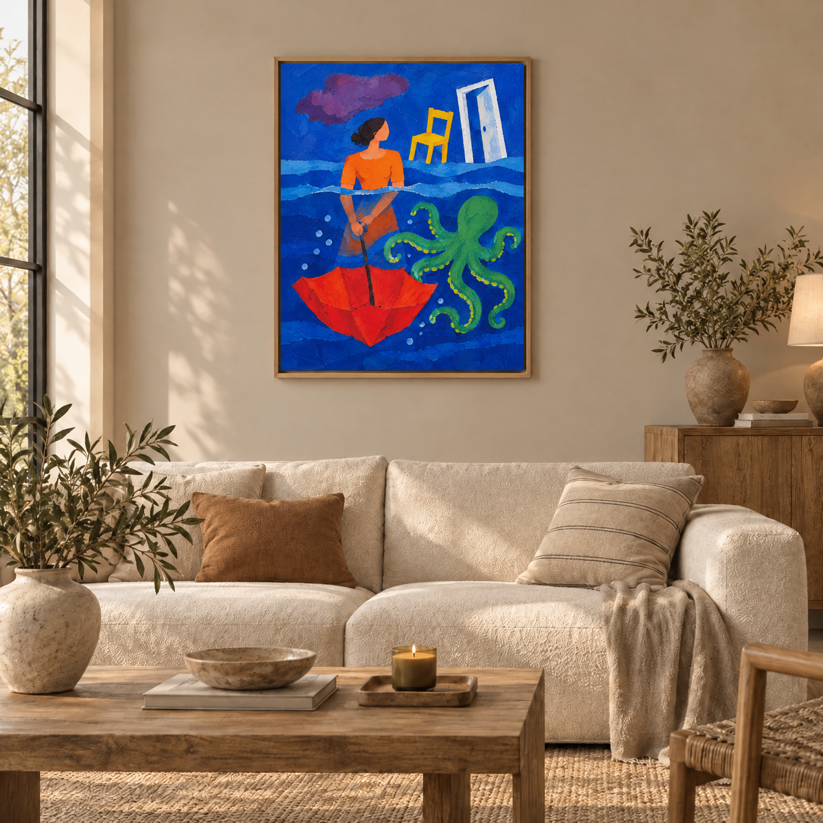 Der Schirm unter Wasser – Leinwand im Naturholz-Schattenfugenrahmen im Wohnzimmer, ohne Weißrand.